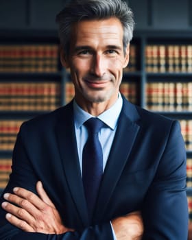 successful experienced male lawyer in office in front of law library books generative ai