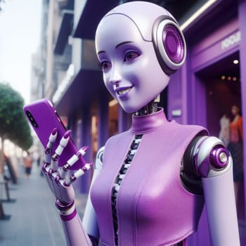 happy female robot android wearing purple in front of a purple shop in the street generative ai