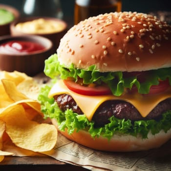 delicious perfect burger served with crisps on a wooden board in a rustic cafe generative ai