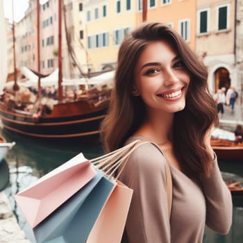 pretty young female tourist shopping on venice vacation generative ai