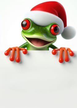 comical 3d illustration of cute happy red eyed tree frog at christmas with a copy space sign on white background generative ai