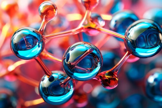 Ionised H2O molecules, electrolysed, microscopic. Abstract molecule microbiology or science background. Molecular structure model. AI generated
