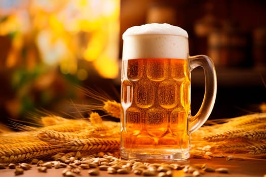 Beer glass with froth overflowing from a traditional beer stein, with barley scattered on the table. AI generated