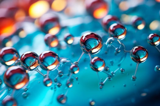 Ionised H2O molecules, electrolysed, microscopic. Abstract molecule microbiology or science background. Molecular structure model. AI generated