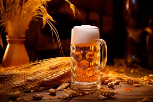 Beer glass with froth overflowing from a traditional beer stein, with barley and hops scattered in the background. AI generated