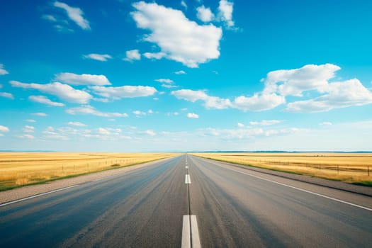 Empty open road in the country on cloudy bluish sky. Flat and straight the roads leads to the horizon. AI generated