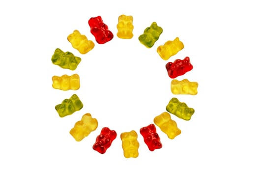 Gummy bears. Circle of fruity gummy bears with rainbow colors isolated on white background. Rainbow circle of sweet yellies. Teddy bear circle. Candy concept.