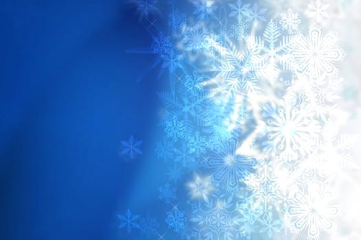 Christmas card template. Abstract festive blue winter christmas background texture with a pastel bokeh lighted xmas baubles, stars and frame. Beautiful card design. Space.