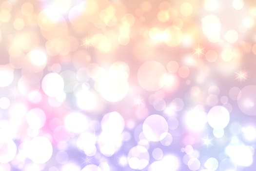A festive abstract delicate Happy New Year or Christmas background texture with colorful gold yellow pink blurred bokeh lights and stars. Space for design. Card concept or advertising.