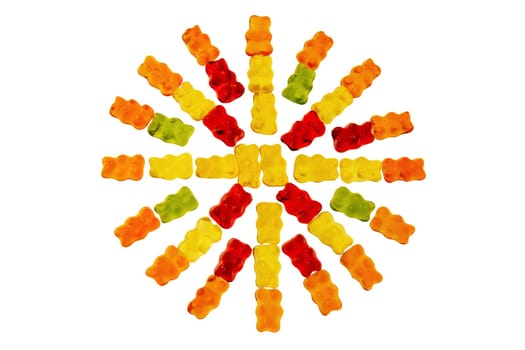 Gummy bears. Circle of fruity gummy bears with rainbow colors isolated on white background. Rainbow circle of sweet yellies. Teddy bear circle. Candy concept.