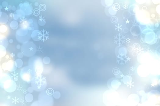 Christmas card template. Abstract festive natural blue white winter christmas background texture with blue and bokeh lighted snowflakes, stars and a frame. Beautiful card design.