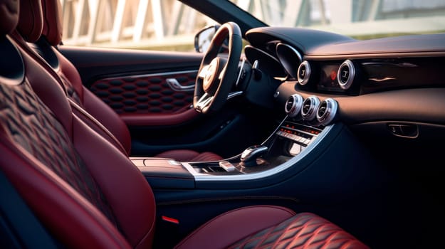 Red leather seats inside the futuristic luxury car. Modern car interior. AI generated