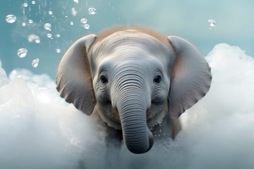 Cute baby elephant in a bathtub with soapy foam in the tub.The happy elephant washes in the bathroom with foam. AI generated