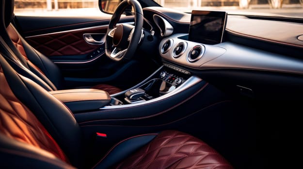 Leather seats inside the futuristic luxury car. Modern car interior. AI generated