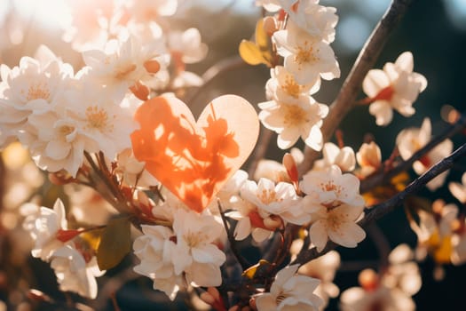 Red paper heart on cherry blossom branch .Valentines day concept. AI generated