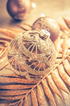 Beautiful Christmas golden deco baubles with gifts, Happy New Year