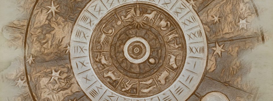 Astrological zodiac background. Vintage illustration art, grunge design. Concept of destiny, fortune, esoteric, magic, mysterious