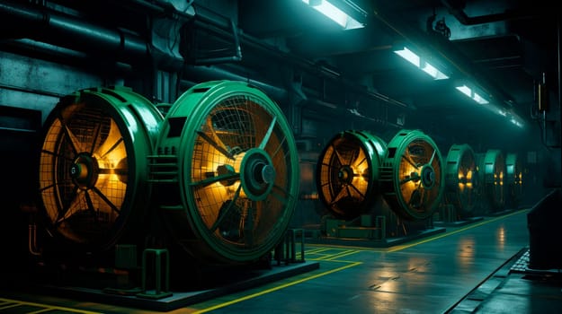 Underground Air Compressor System Room. Futuristic industrial interior with fans, pipes and machines. AI generated