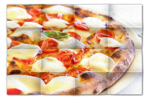 Creative picture of Pizza Margherita with Mozzarella cheese, basil and tomatoes