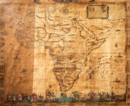 Genova, Italy - 8 August 2023: Spinola Palace. Antique map shows Africa known to Europeans in the mid 17-th Century. Exploration, cartography, vintage background.