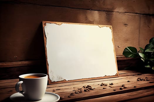 Mockup label, blank menu frame in Bar restaurant. Stand for booklets with white sheets paper on wooden table cafeteria blurred background