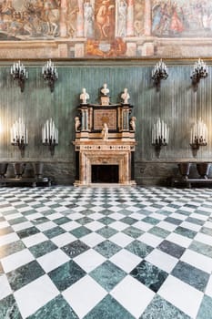 Turin, Italy -Royal Palace Entrance. Classic hall, luxury marble, room perspective