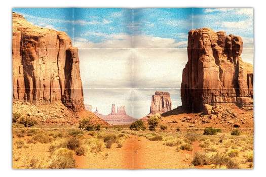 Creative picture of Monument Valley in USA - scenic red landscape with blue sky