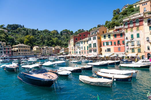 Portofino, Italy - 7 August 2023: scenic panorama with sea and luxury yacht. Italy travel destionation