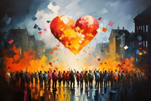 Volenteer and humanitarian help concept, charity and friendship, support teamwork, people reach their hand to colorful hearts in the sky