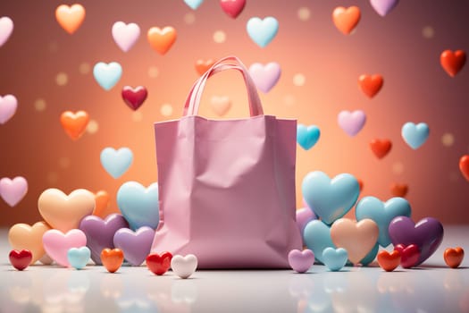 Gift boxes with ribbon and bow, colorful hearts, shopping bag, wrapped package for birthday or valentine, suprise for holiday