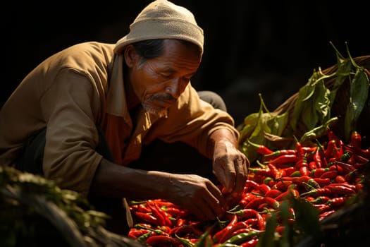 Farmer harvesting red hot chili pepper, picking spice on the plantation, growing vegetables on the field