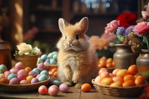 Easter bunny or rabbit with colorful painted eggs, holiday in spring