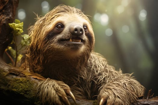 Sloth portrait in the rain forest, jungle animal face, hold onto a tree branch