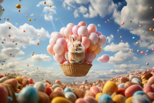 Easter bunny or rabbit with colorful balloons flying to the sky, holiday in spring , easter eggs