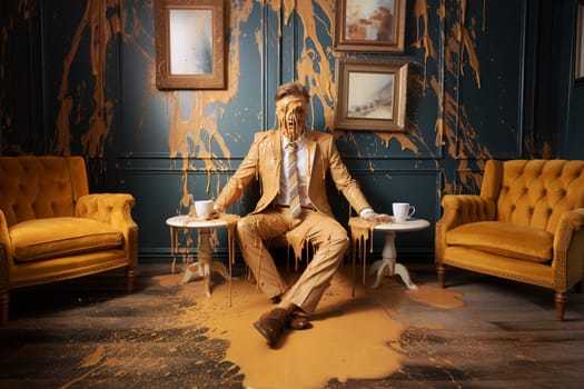 Man spilling cup of coffee over his business suit, awkward moment at a restaurant, embarrassing situation