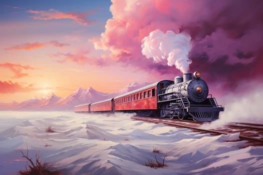 Railway with fluffy pastel steam clouds driving through a dreamlike landscape, train of imagination and inspiration, hope and positive thinking