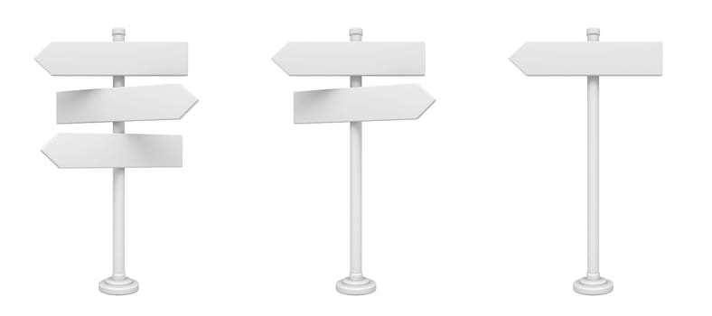 White blank signpost arrows 3D rendering illustration isolated on white background