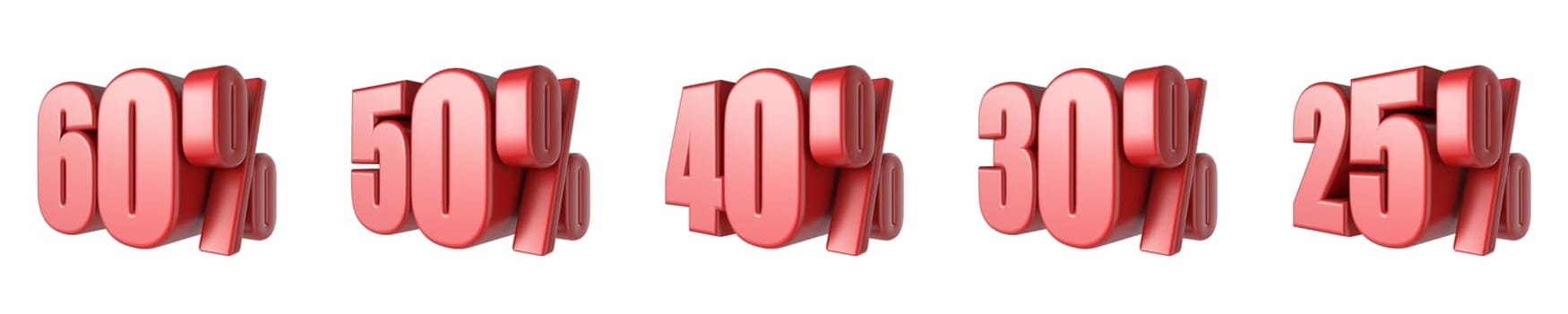 25, 30, 40, 50, 60 Red percent signs 3D rendering illustration isolated on white background