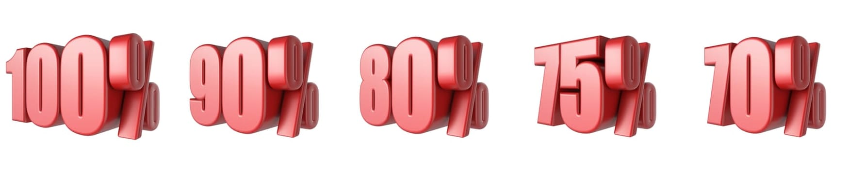70, 75, 80, 90, 100 Red percent signs 3D rendering illustration isolated on white background