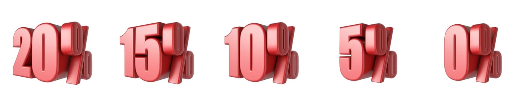 20. 15. 10, 5, 0 Red percent signs 3D rendering illustration isolated on white background