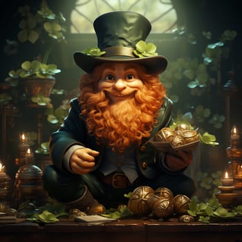 Leprechaun with pot of gold , St. Patrick´s day, green shamrock leaves, irish holiday, mythology of Ireland