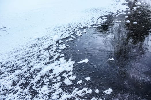 Ice on frozen pond, crystalline snow on top