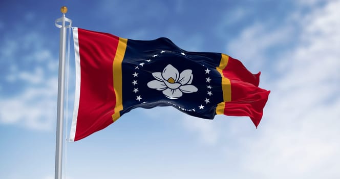 Mississippi state flag waving on a clear day. magnolia blossom, 21 stars, and the words In God We Trust. 3d illustration render. Rippling fabric