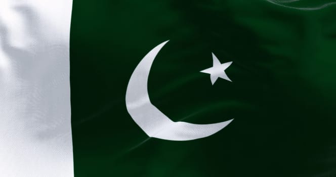 Close-up of Pakistan National flag waving. Green with white band on hoist  white crescent moon and five-pointed star. 3d illustration render. Rippling fabric. Textured background