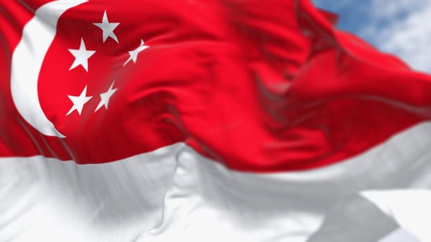 Close-up of Singapore national flag waving. Red and white stripes. Crescent moon with pentagon of 5 stars. 3d illustration render. Selective focus. Close-up. Rippling fabric