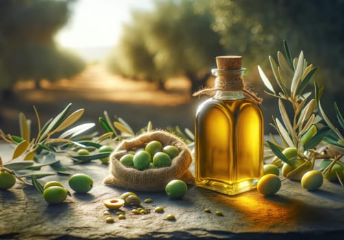 Golden olive oil in a transparent bottle with cork, accompanied by fresh olives in a small burlap bag, set against a blurred olive grove backdrop, illuminated by warm sunlight