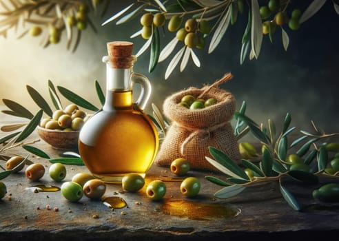 Elegant glass bottle of golden olive oil with a cork, alongside fresh green olives in a rustic burlap sack, set against an olive tree branch backdrop
