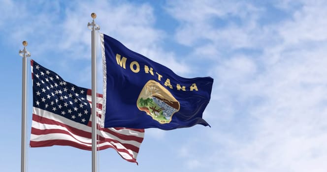 Montana state flag waving in the wind with the American flag on a clear day. US state flag. Patriotism and national pride. 3d illustration render. Rippling fabric
