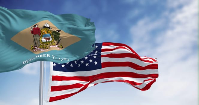 Delaware state flag waving with the national american flag. Yellowish-beige rhombus shape with the state coat of arms on a pale blue background. 3d illustration render. Selective focus