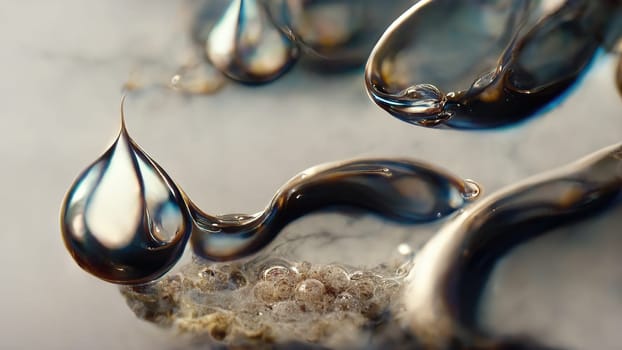 Abstract chrome bubble, elegant silver jewellery pouring fluid.. artificial art